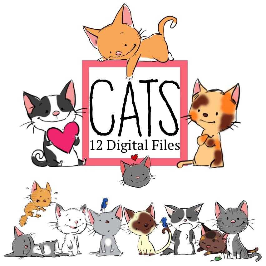 Downloadable - Cute Cats Clip Art—12 Digital Files